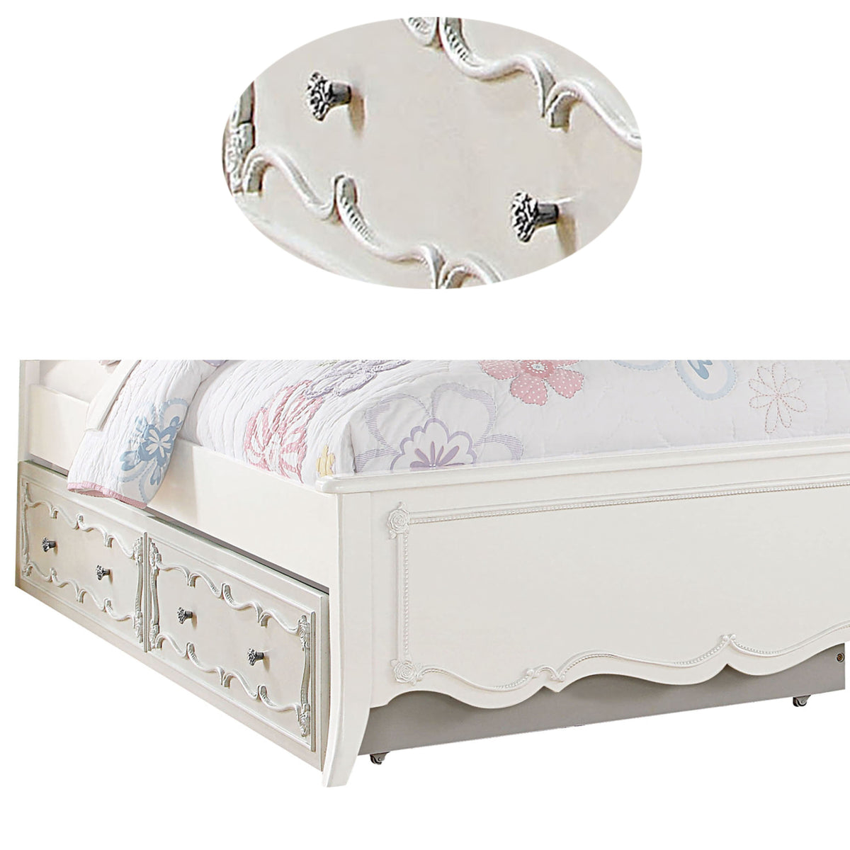 White Twin Size Wooden Trundle with Round Knobs and Caster Wheels G384
