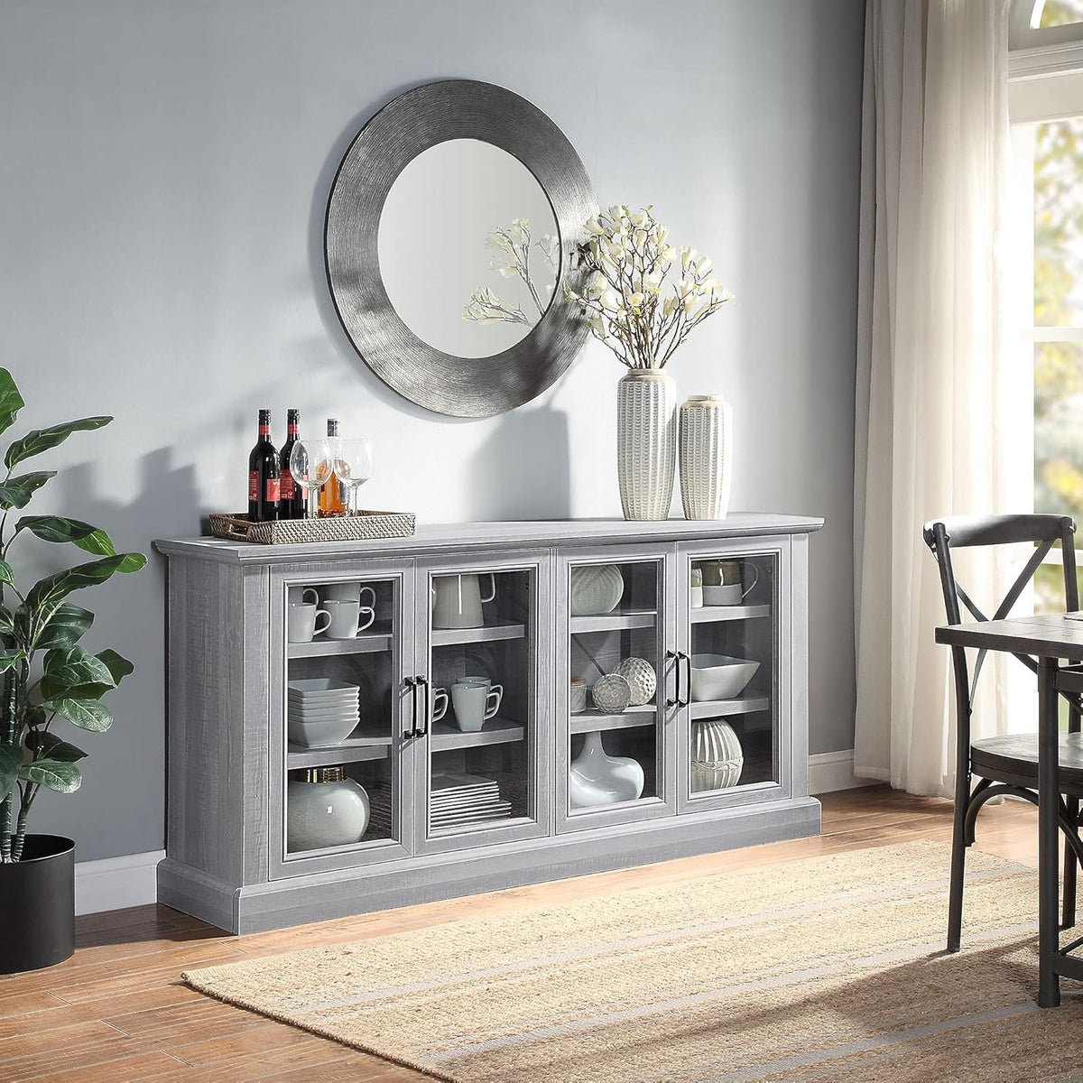 Rustic Grey Wood Sideboard Buffet with Storage Cabinet and Glass Doors N863