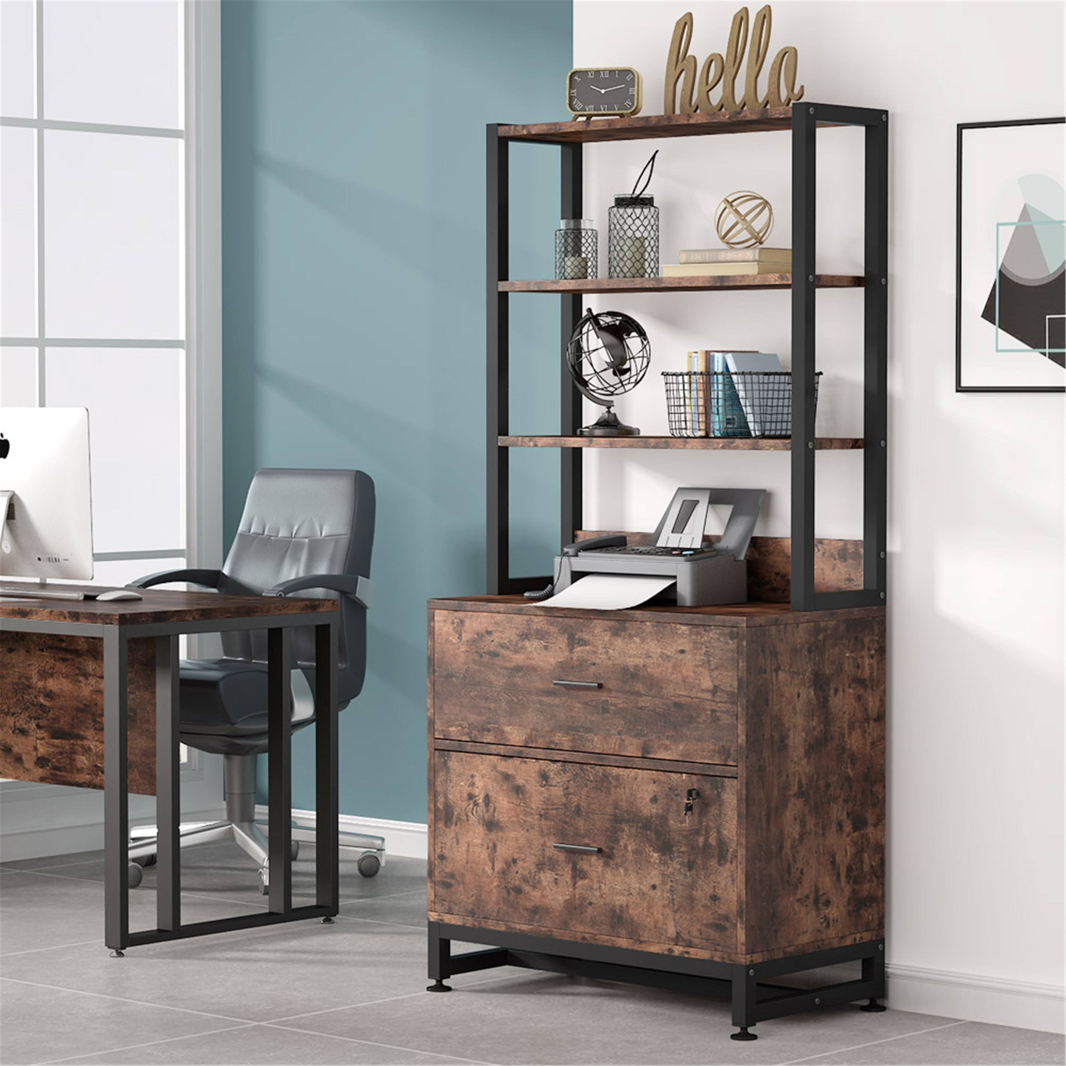 2 Drawer File Cabinet with Lock Bookshelf, Letter Size Printer Stand - Brown Y740566