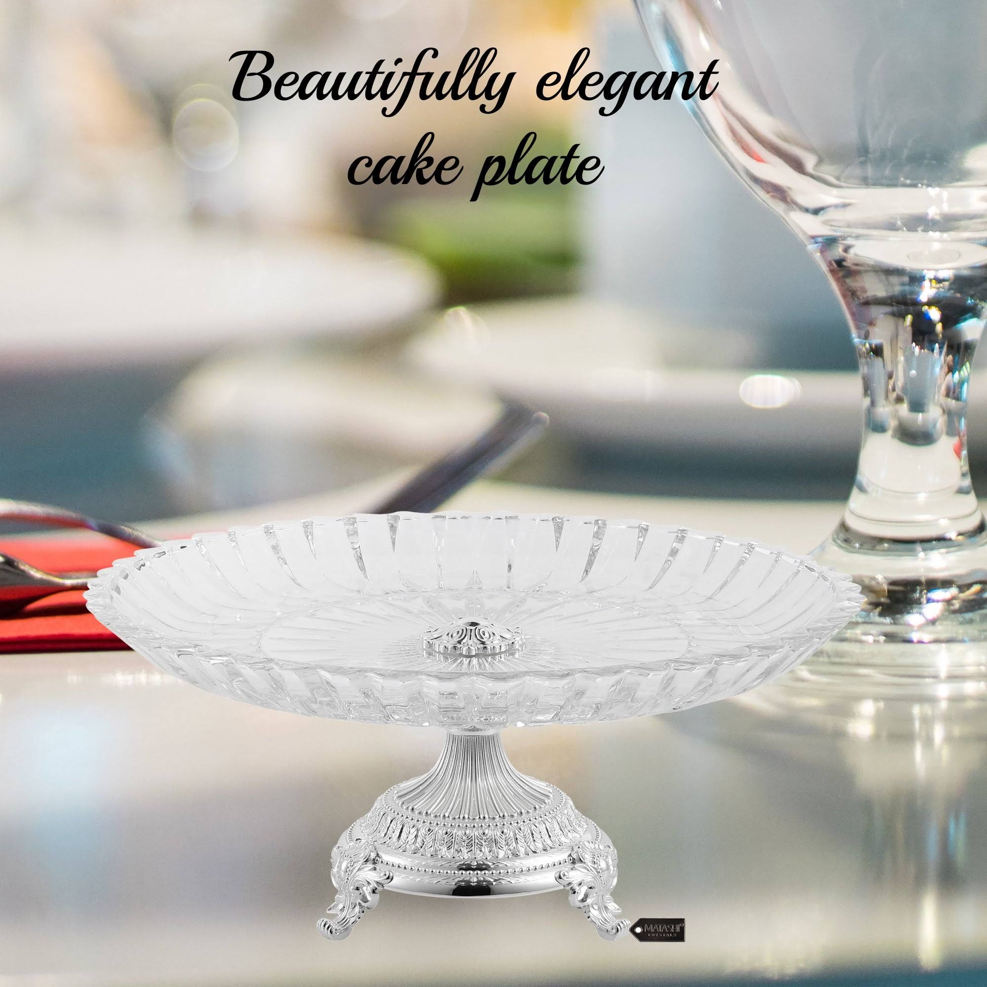 Crystal Cake Plate Decorative Dish Round Serving Platter with Silver Plated Pedestal Base M14759