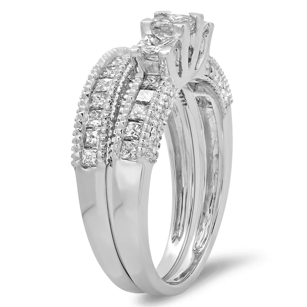 10K White Gold Diamond Bridal 3 Stone Engagement Ring With Matching Band Y618359