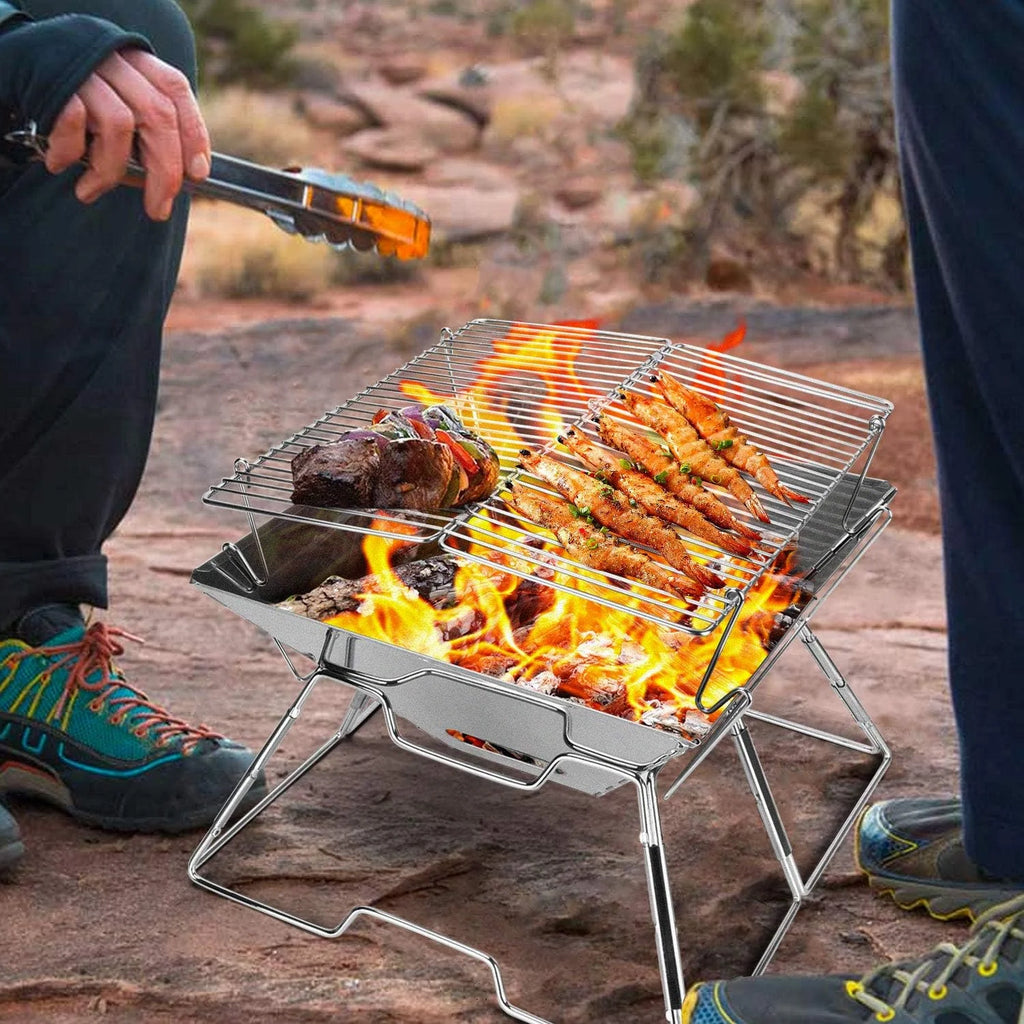 Charcoal Campfire Grill, Folding Quadrangle Barbecue Grill, Portable Stainless Steel Charcoal BBQ Stove U7976