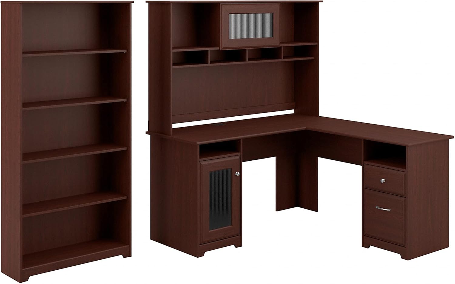 Espresso Oak L Shaped Desk with Hutch and 5 Shelf Bookcase W994889