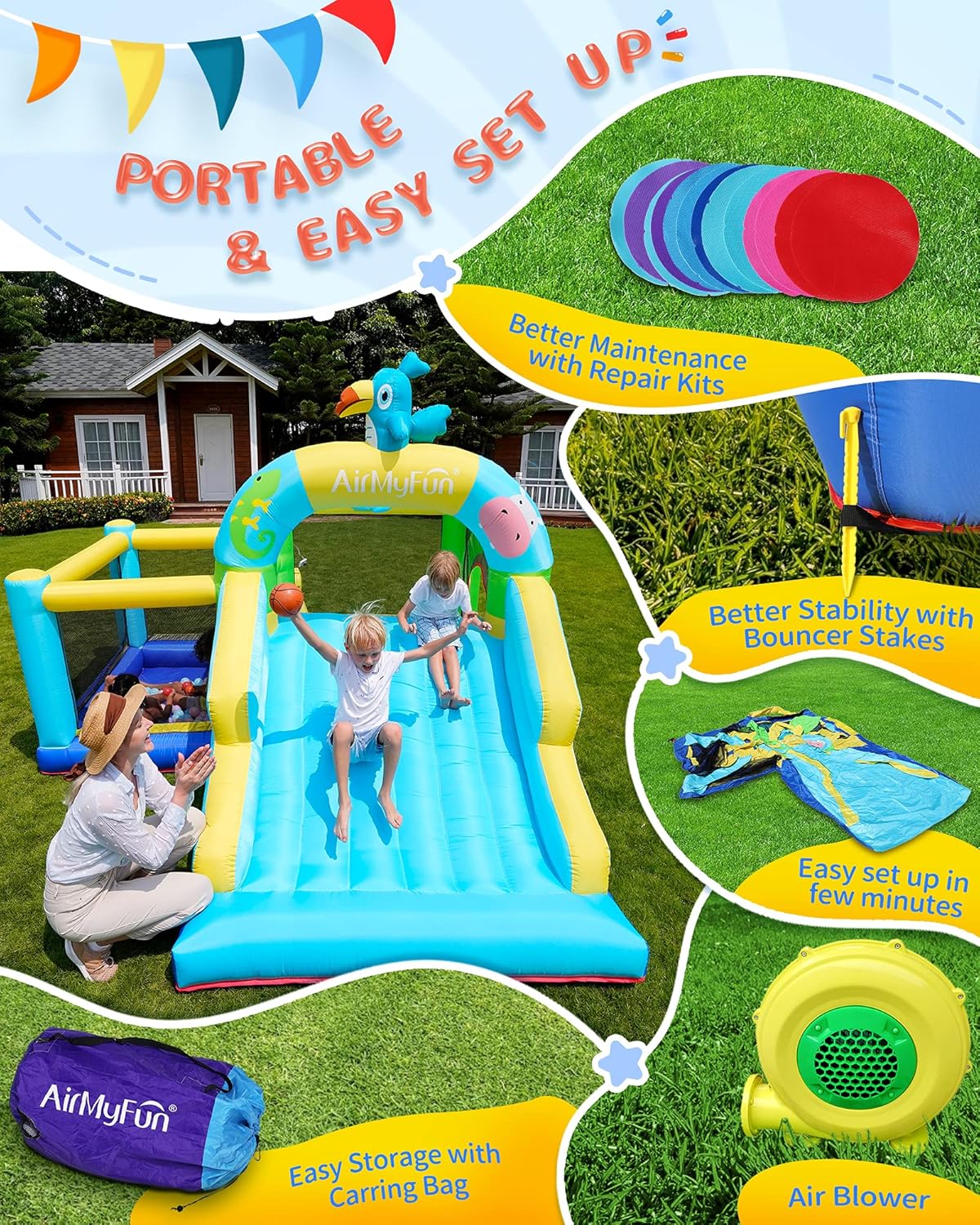 Inflatable Bounce House with Blower, Wide Slide, Ball Pool W518247