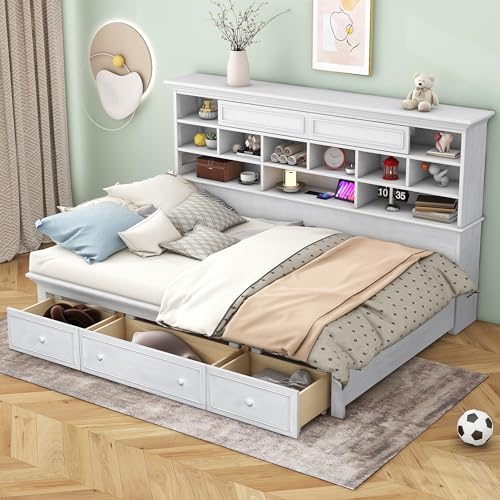 Antique White Twin Size Wood Daybed Frame with 3 Drawers Y601243