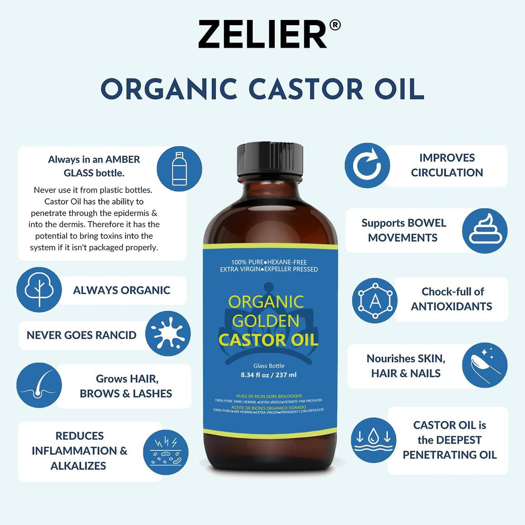 Castor Oil Organic Cold Pressed Unrefined in Glass Bottle (8fl.oz/237ml), 20Pcs Self-Adhesive Castor Oil Pack Wrap Kits D4029