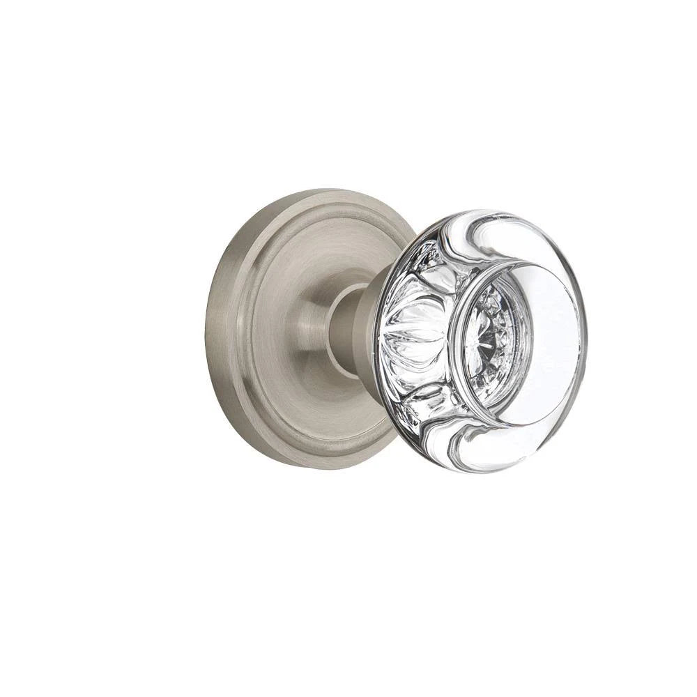 Round Clear Crystal Privacy Door Knob with Classic Rosette Satin Nickel Q98375