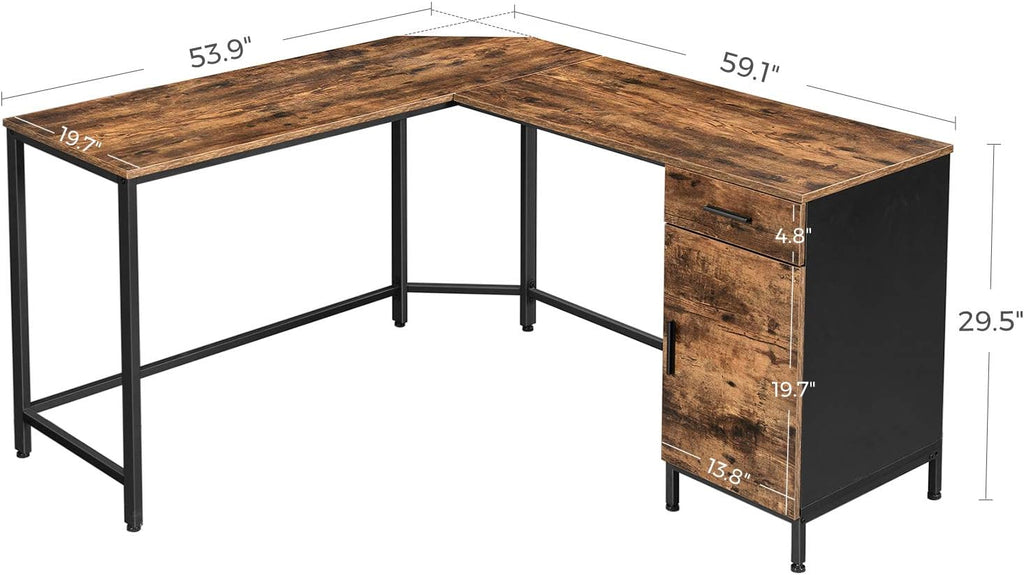 L-Shaped Corner Desk with Cabinet and Drawer, Steel, Rustic Brown and Black J880406