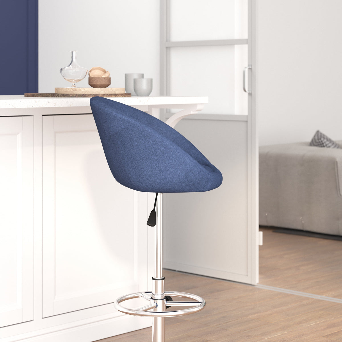 Blue Fabric Adjustable Height Barstool with Barrel Back and Chrome Base H8021