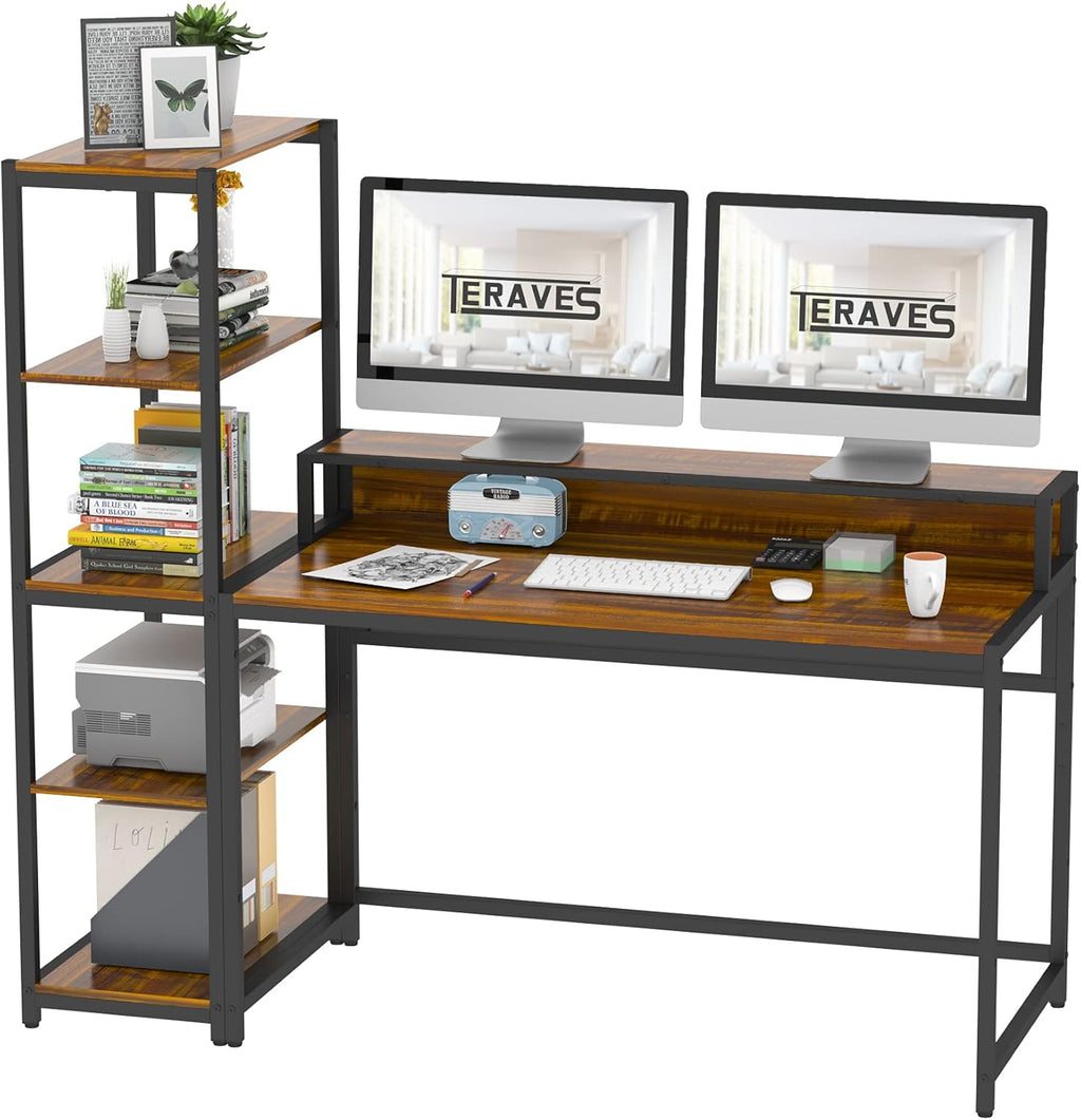 Teak 47 Inch Computer Desk with 5 Tier Shelves M248