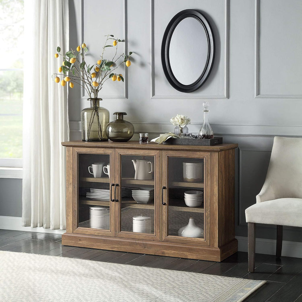 Rustic Grey Wood Sideboard Buffet with Storage Cabinet and Glass Doors N863