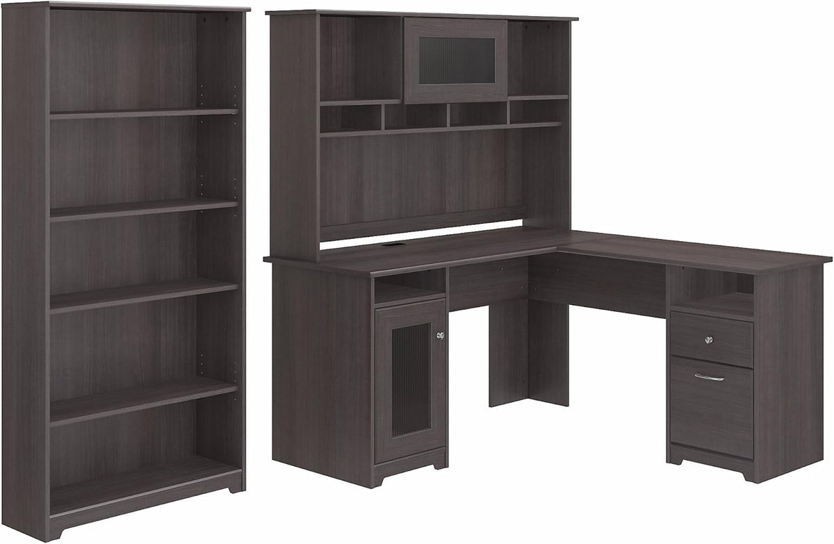 Espresso Oak L Shaped Desk with Hutch and 5 Shelf Bookcase W994889