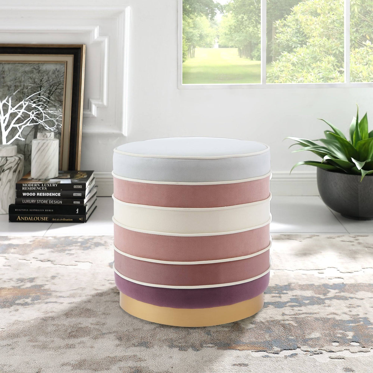 Blush Pink Velvet Ottoman with Metal Base N502