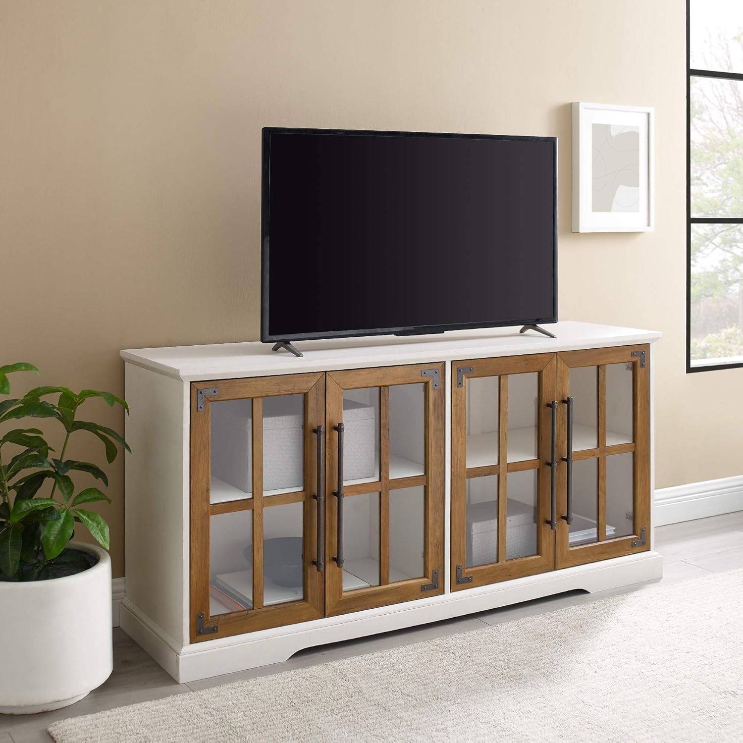 Rustic Oak 58 Inch Wood TV Stand with Storage Cabinet Doors and Shelves P742