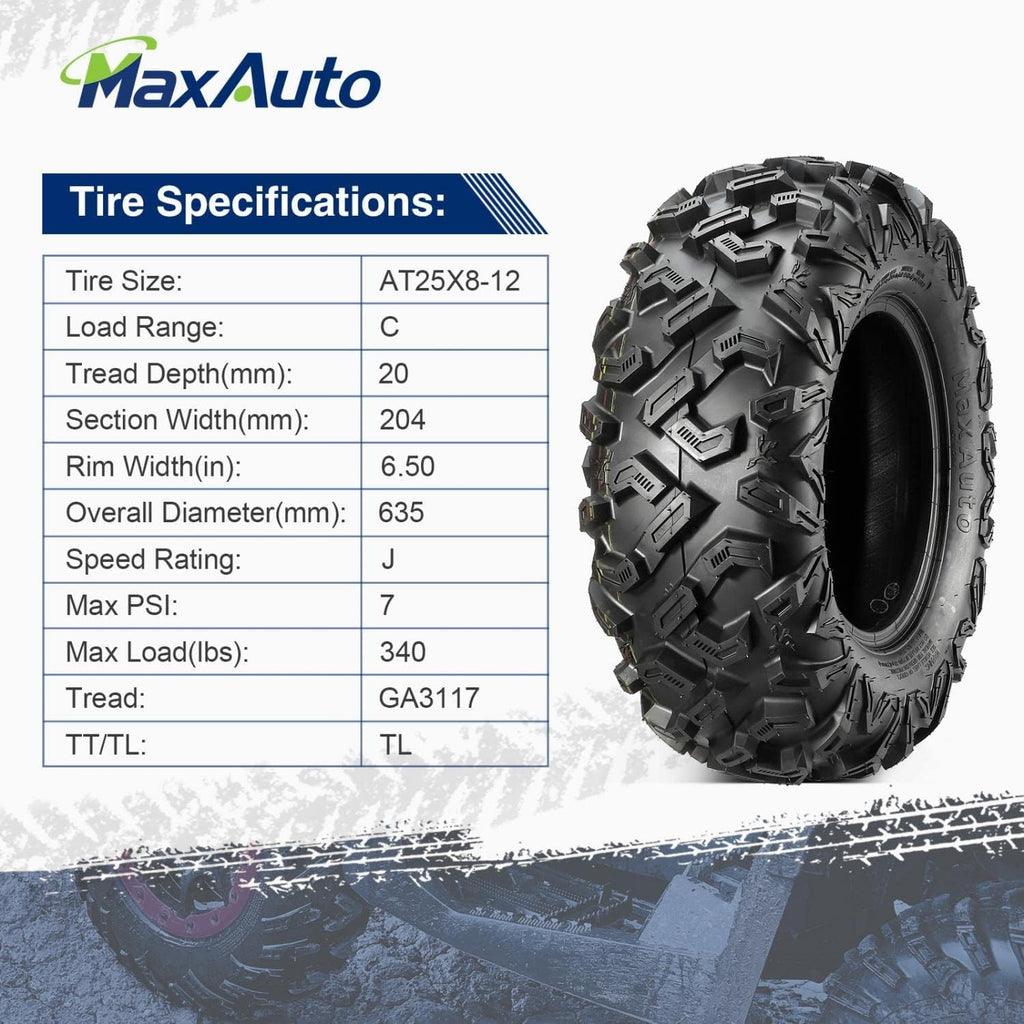25x8-12 25x10-12 ATV Tires Set of 4, 6PR, Tubeless, 0.8" Tread Depth H44095
