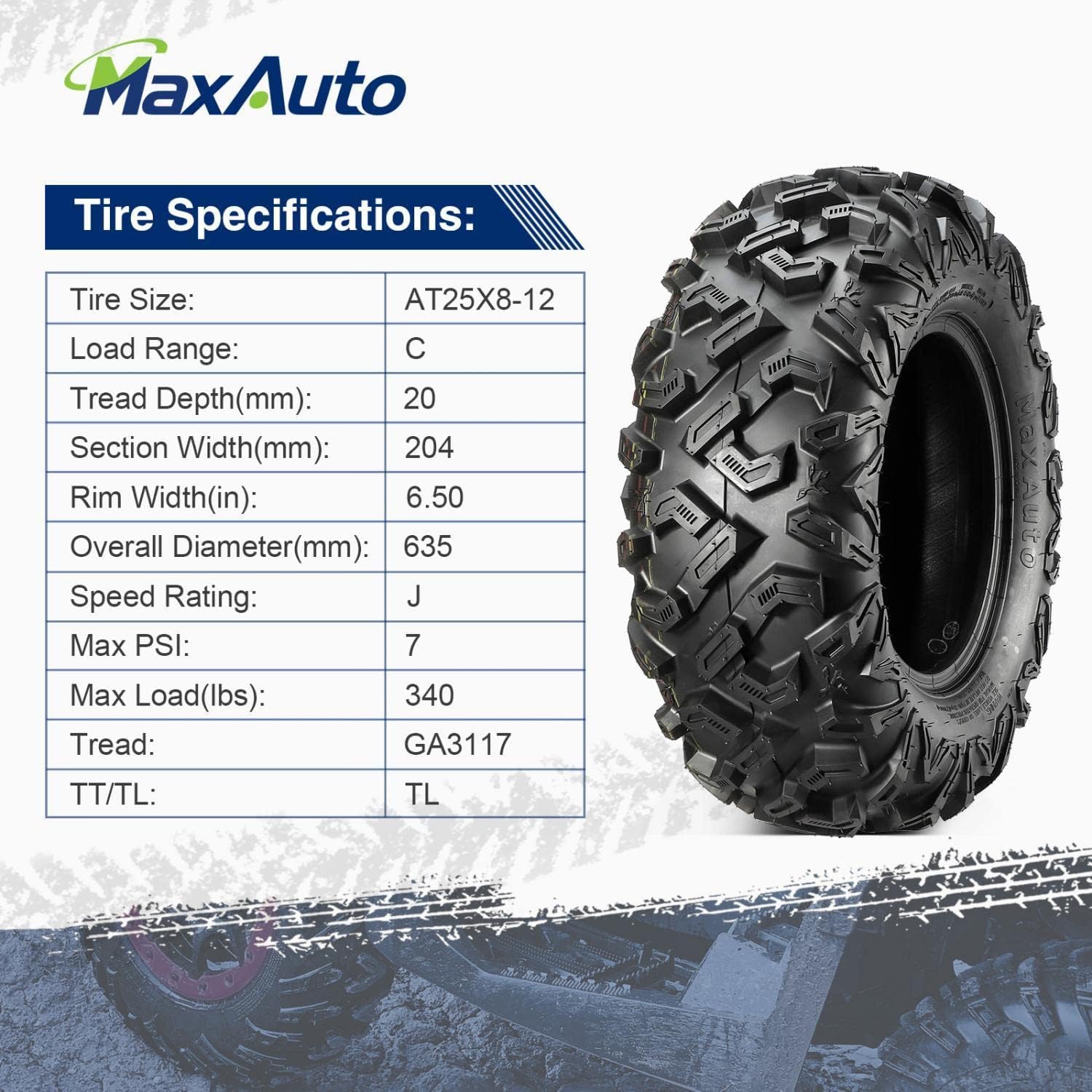 25x8-12 25x10-12 ATV Tires Set of 4, 6PR, Tubeless, 0.8" Tread Depth H44095