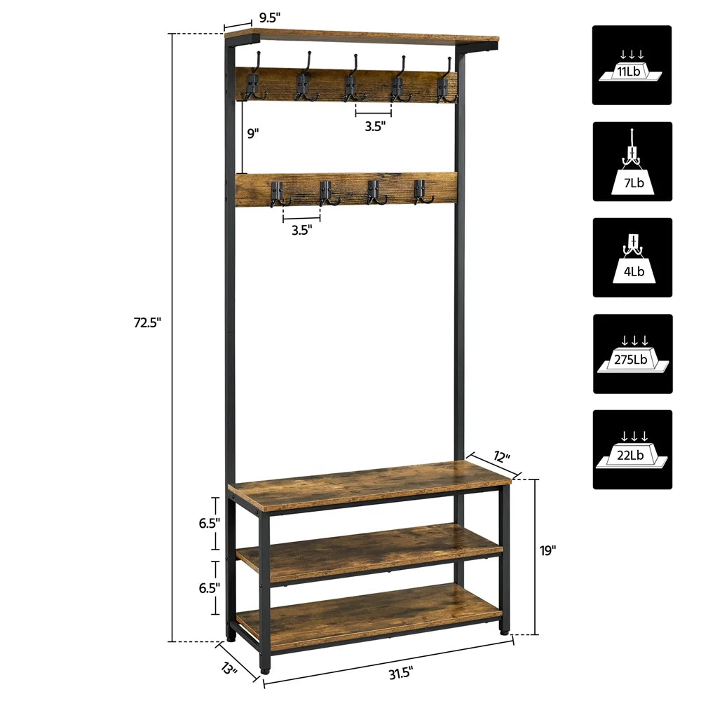 Rustic Brown 3-in-1 Industrial Hall Tree with Shoe Storage & Hooks R641