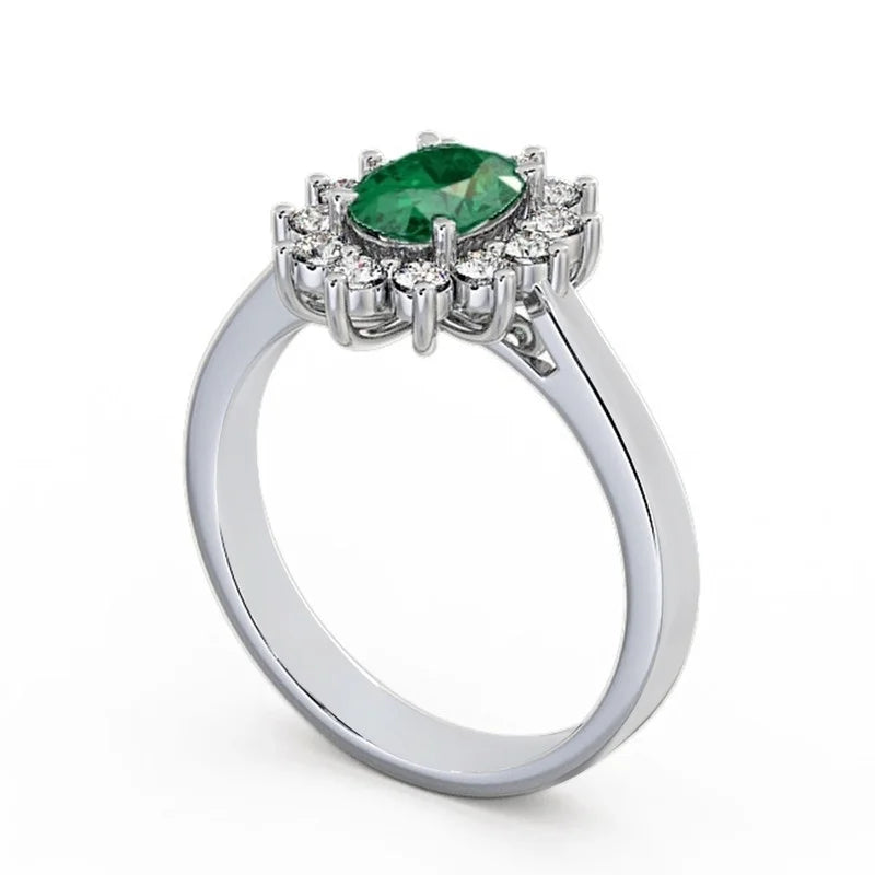 14K White Gold Oval Shape Natural Emerald Diamond Ring D80187