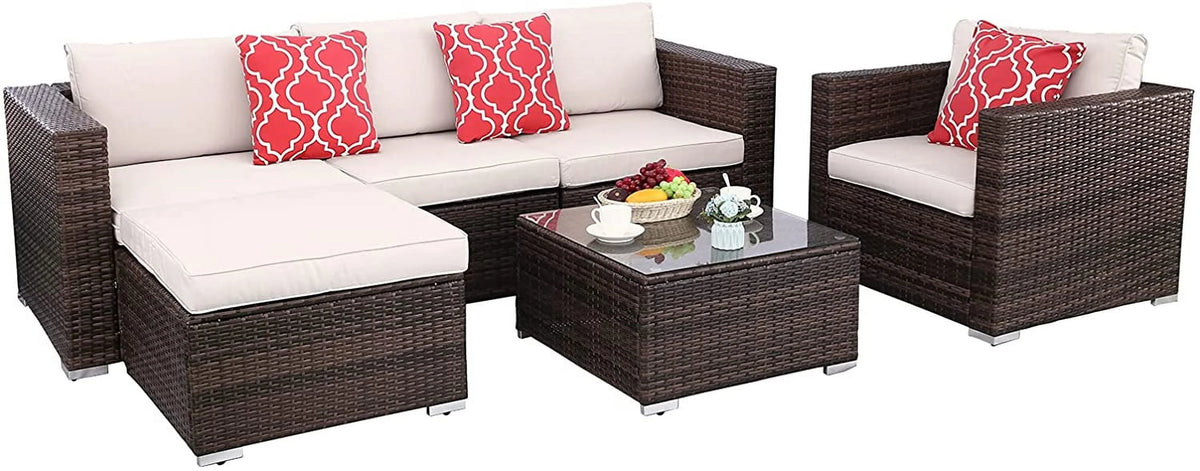 6pcs Gray Rattan Wicker Sectional Outdoor Sofa Set with Black Washable Seat Cushions & Glass Coffee Table V130597