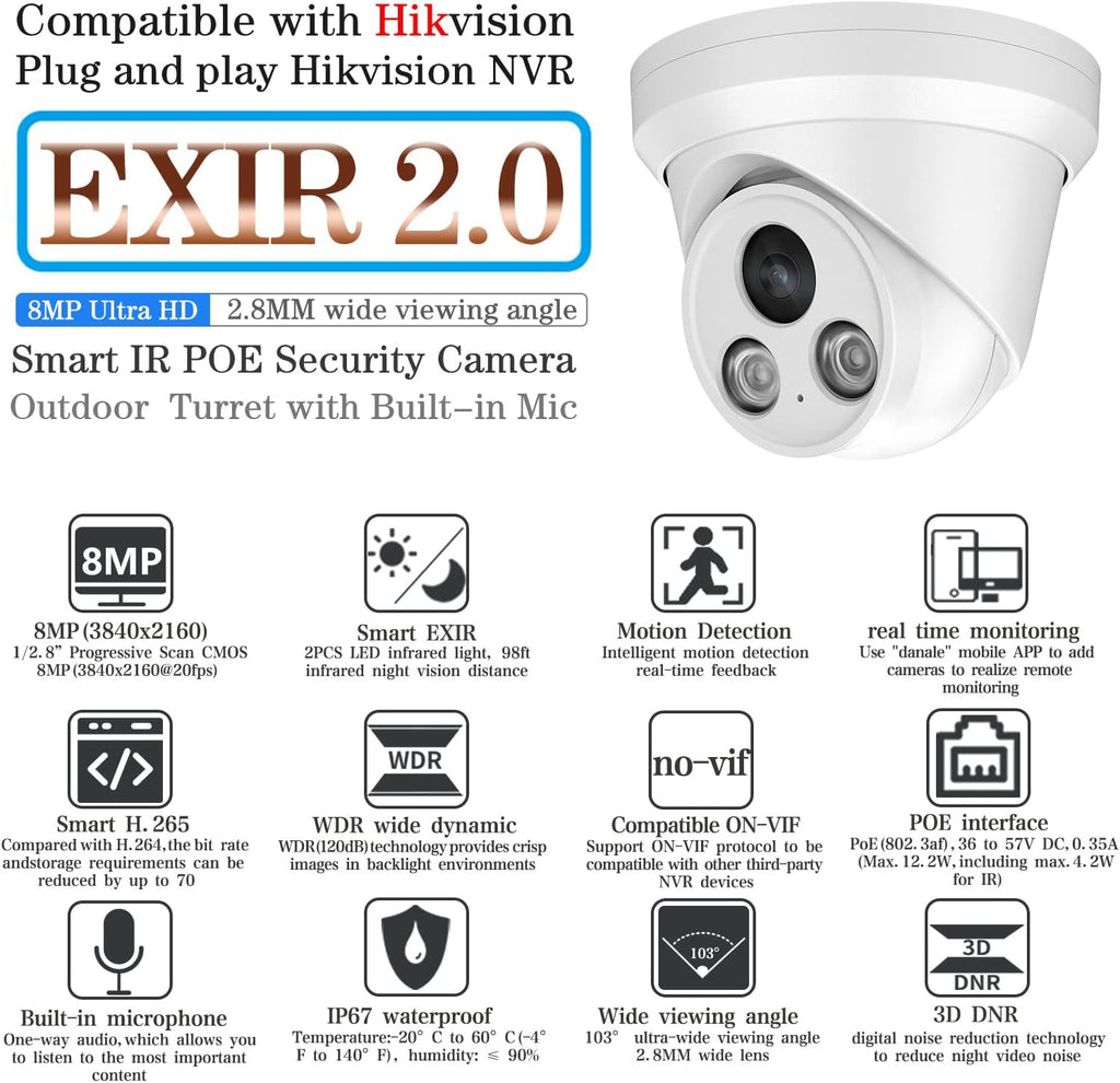 4K UltraHD 8MP Outdoor Security PoE IP Turret Camera with Microphone, 2.8mm Wide Angle, 98ft Night Vision, H.265, IP67 Waterproof F984