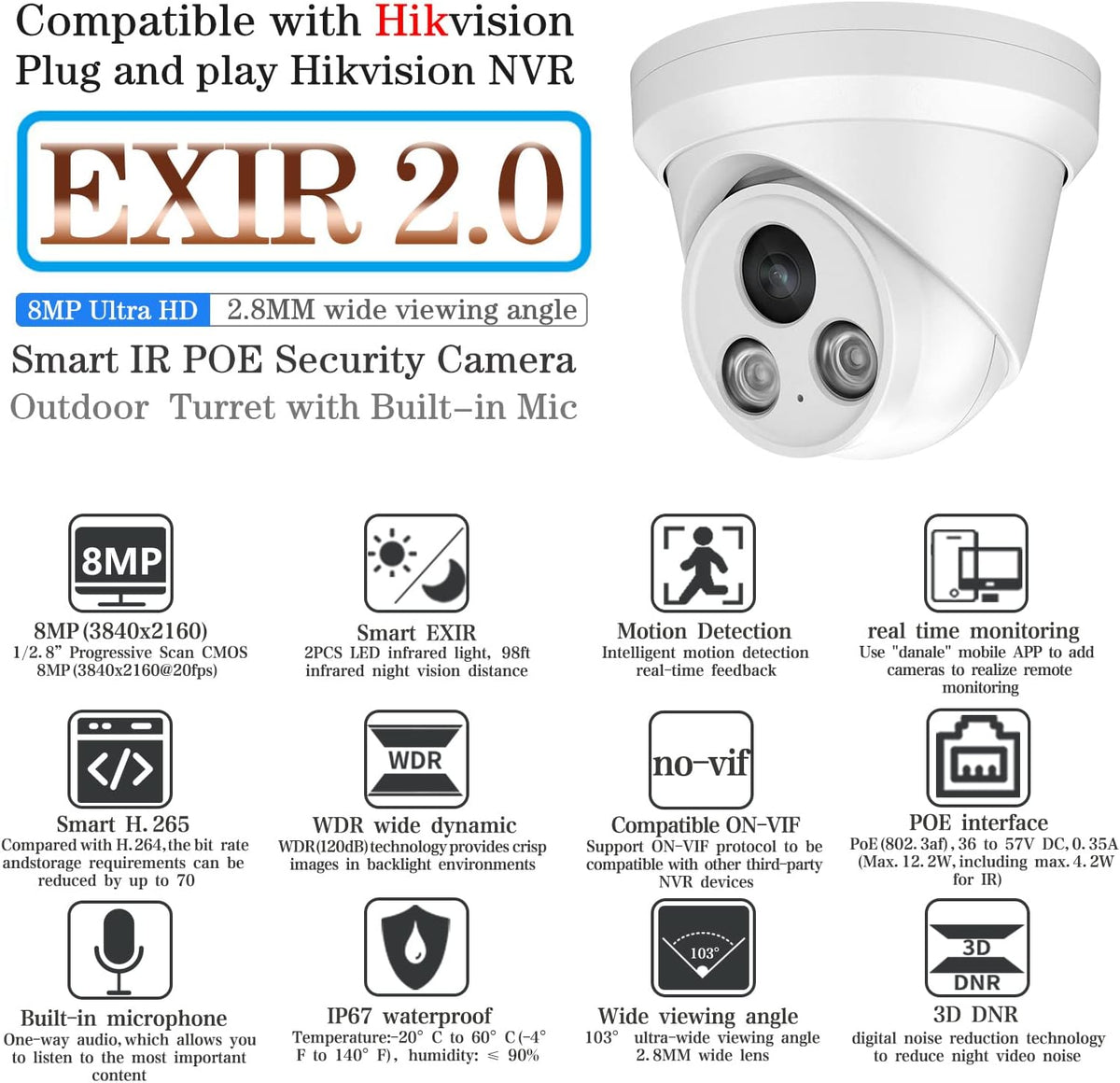 4K UltraHD 8MP Outdoor Security PoE IP Turret Camera with Microphone, 2.8mm Wide Angle, 98ft Night Vision, H.265, IP67 Waterproof F984