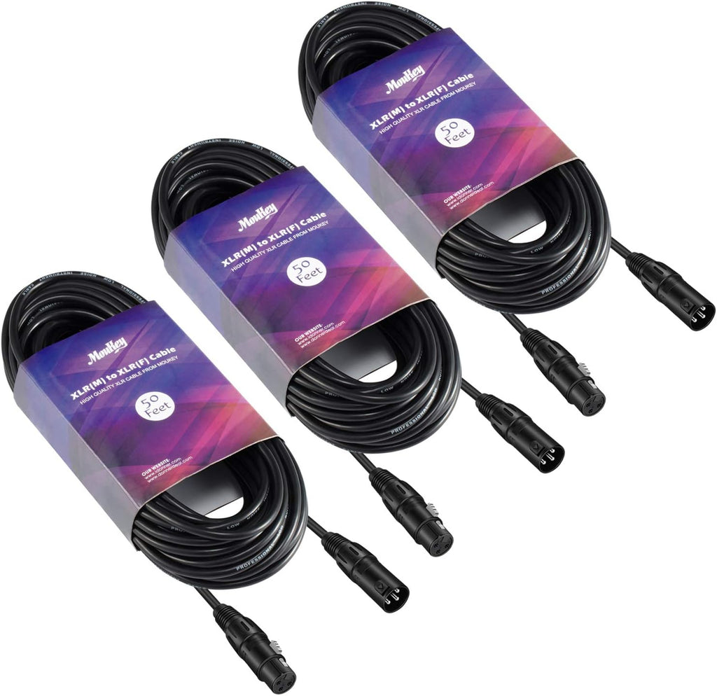 50ft XLR Microphone Male to Female Mic Cables Black 3-Pack B30892
