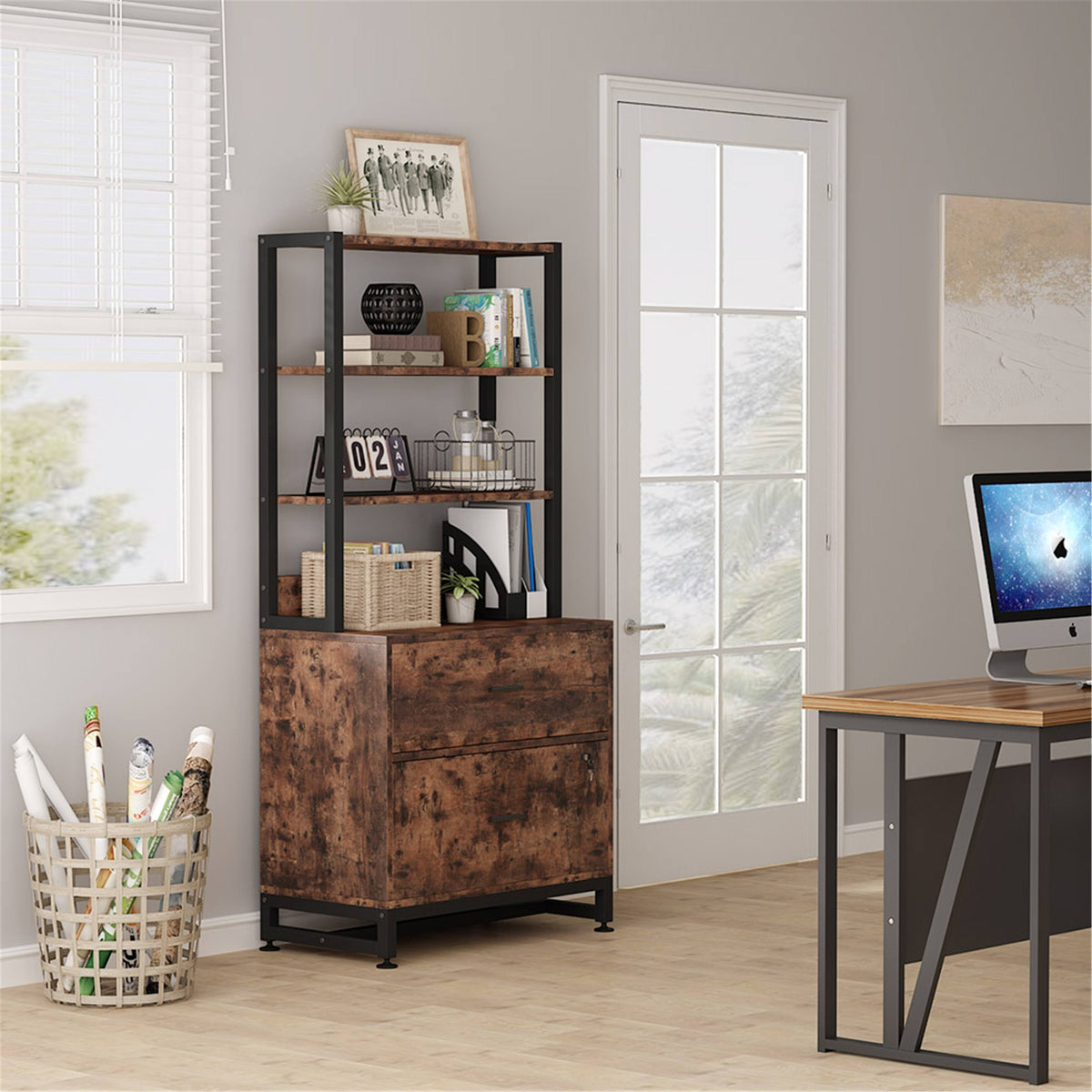 2 Drawer File Cabinet with Lock Bookshelf, Letter Size Printer Stand - Brown Y740566