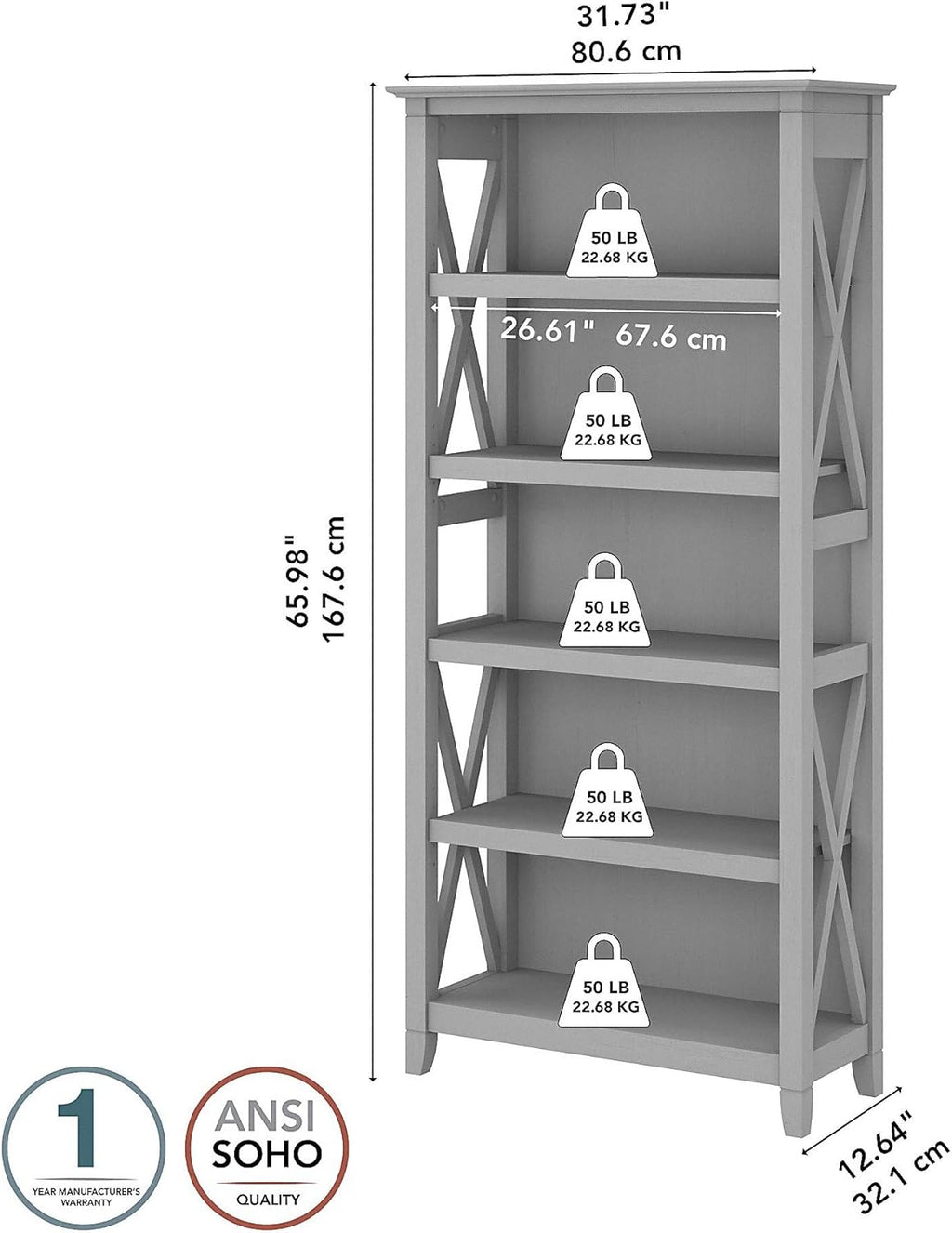 Tall 5 Shelf Bookcase, Cape Cod Gray U1673