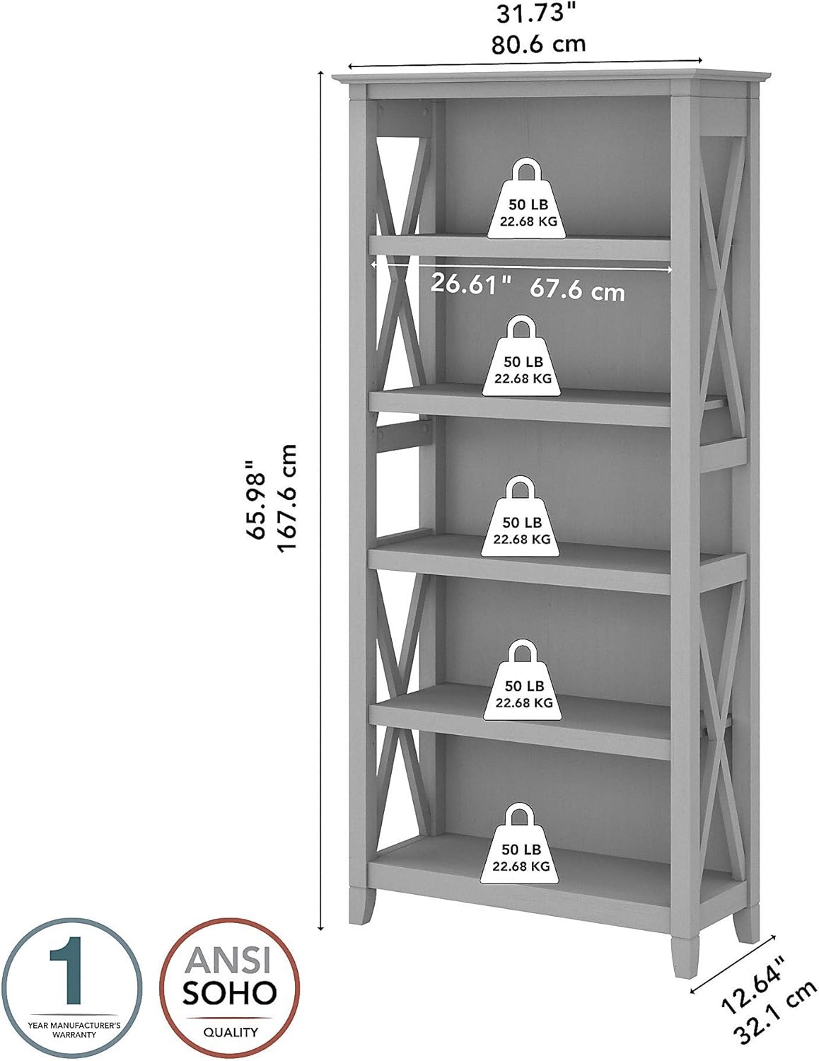 Tall 5 Shelf Bookcase, Cape Cod Gray U1673