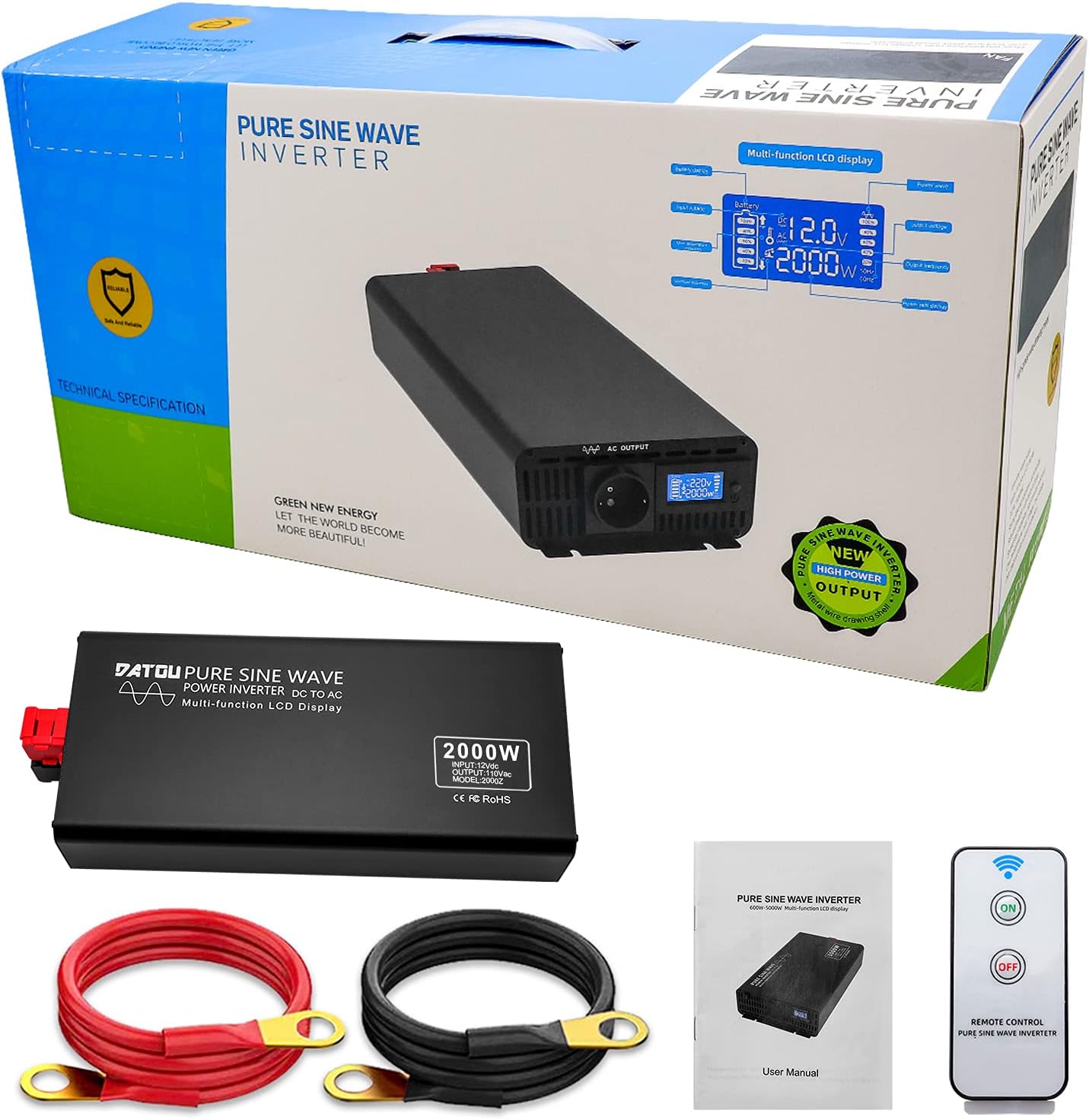 Pure Sine Wave Power Inverter 1000W/2000W Peak DC 12V to 110V AC Car Converter with 2 AC Outlets and LED Display F187