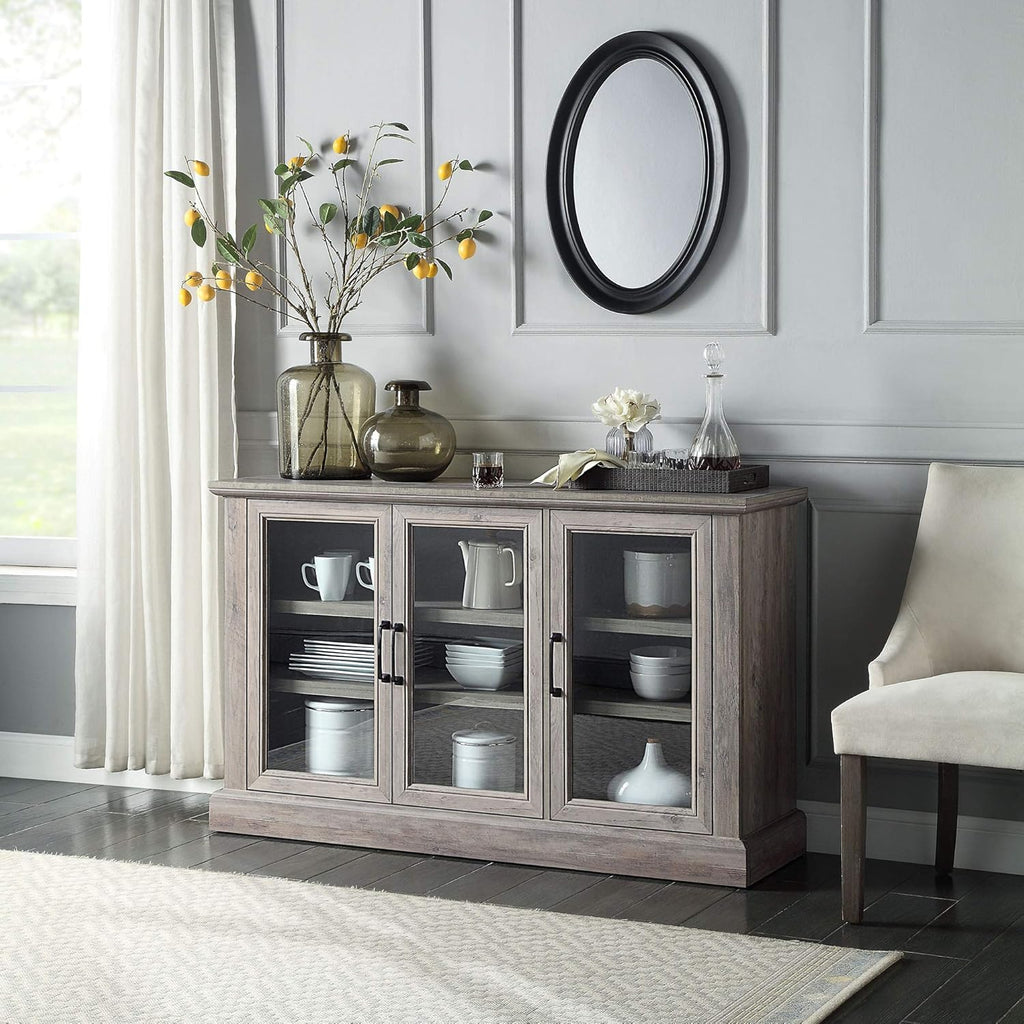 Rustic Grey Wood Sideboard Buffet with Storage Cabinet and Glass Doors N863