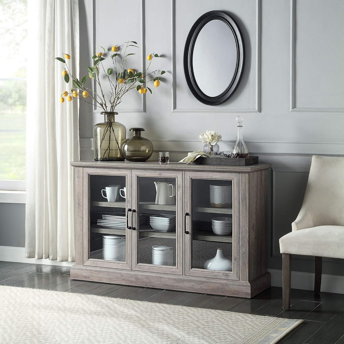 Rustic Grey Wood Sideboard Buffet with Storage Cabinet and Glass Doors N863