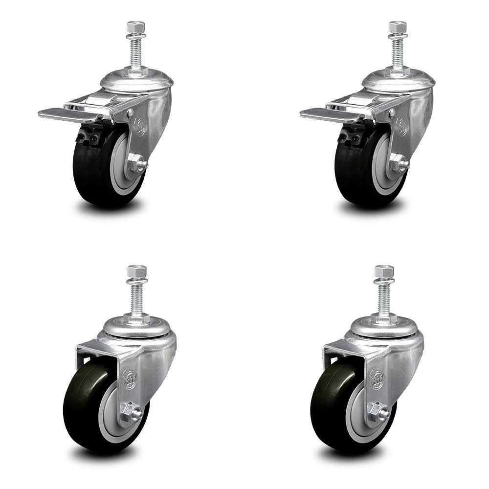 Set of 4 Black Polyurethane Swivel Threaded Stem Casters with 3.5 inch x 1.25 inch Wheels and 3/8 inch Stems E5368