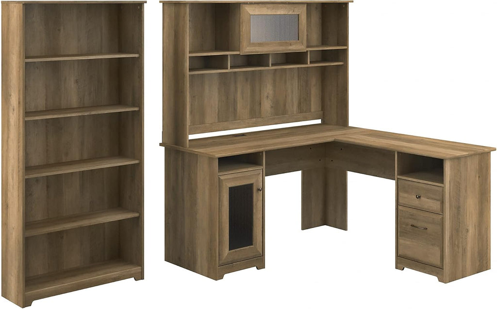 Espresso Oak L Shaped Desk with Hutch and 5 Shelf Bookcase W994889