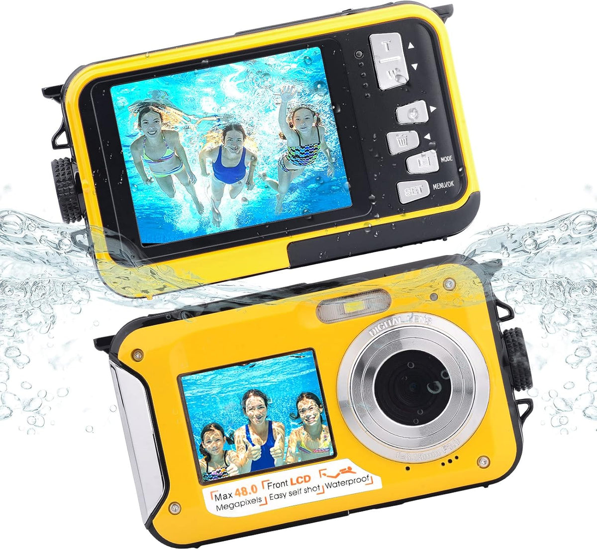 Blue 13FT Waterproof Underwater Camera, 48MP Photo 2.7K Video, Dual Display, Pack of 2 Y9808