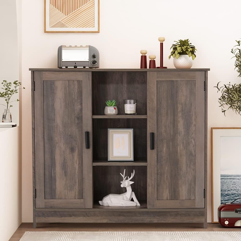 Rustic Oak Wooden Floor Storage Cabinet with 2 Doors and 2 Open Shelves P21853