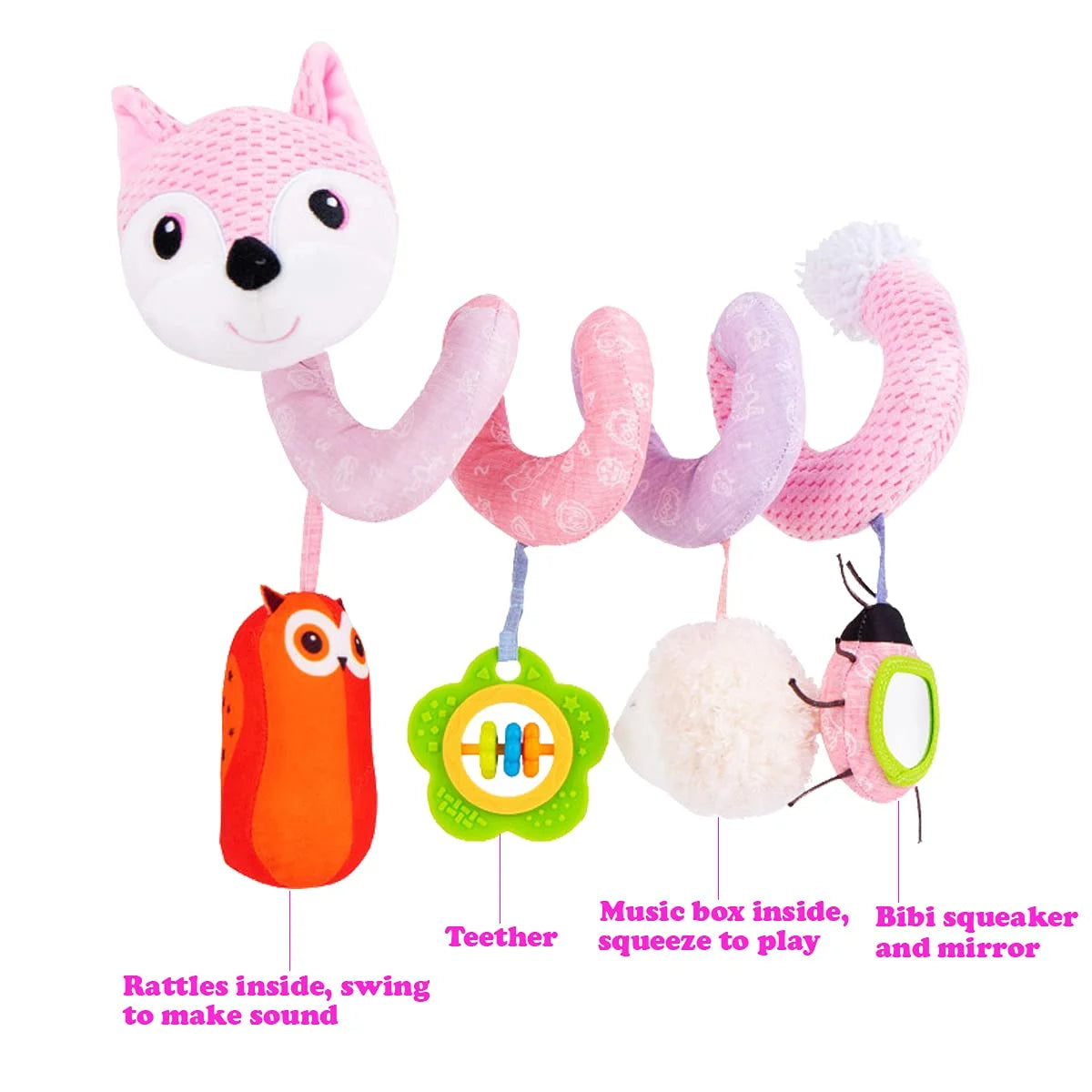 Pink Fox Plush Hanging Stroller Toys with Musical Sheep Rattles Owl Ladybird Distorting Mirror X47362