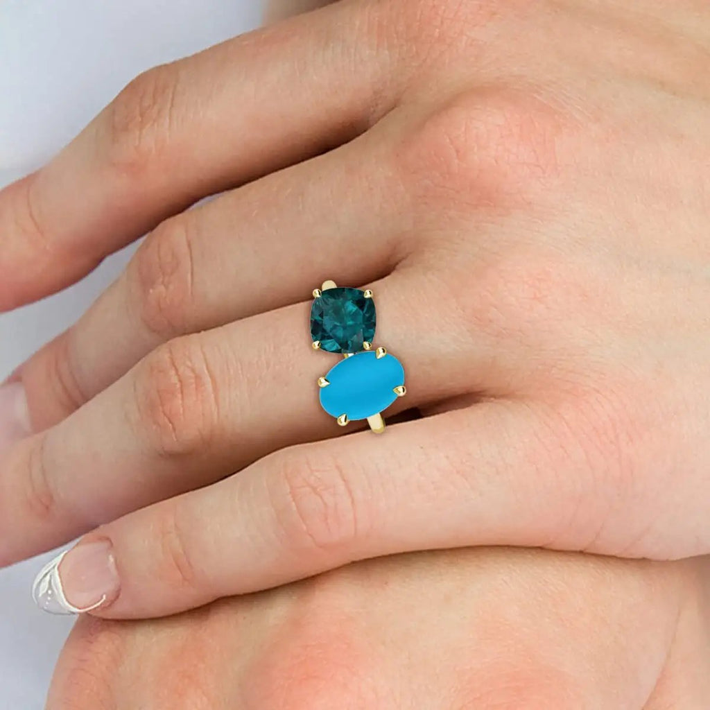 Oval Turquoise & Cushion London Blue Topaz 2 1/3 ctw Four Prong 2 Stone Engagement Ring 10K Yellow Gold U78642