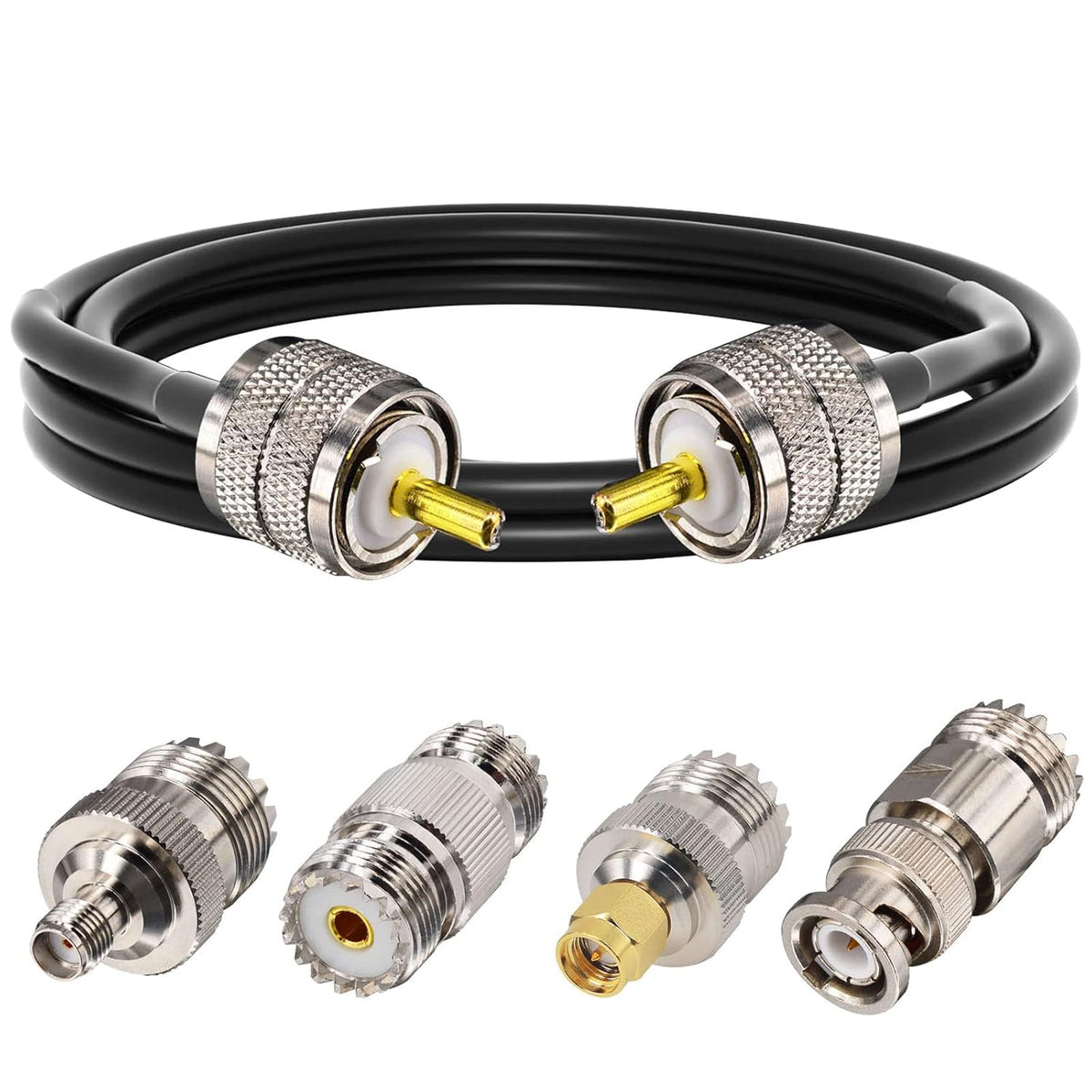 CB Coax Cable RG58 Coaxial Cable 49.2ft UHF PL259 Male to Male Cable with UHF SO239 Female to SMA/UHF/BNC Adapter 4-Pack R1411