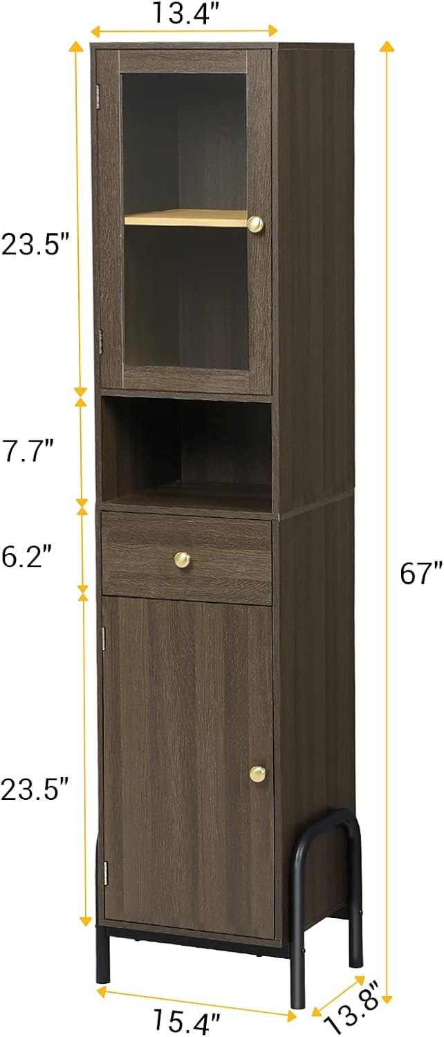 67'' Tall Bathroom Storage Cabinet with Drawer, Glass Door & Shelves D745