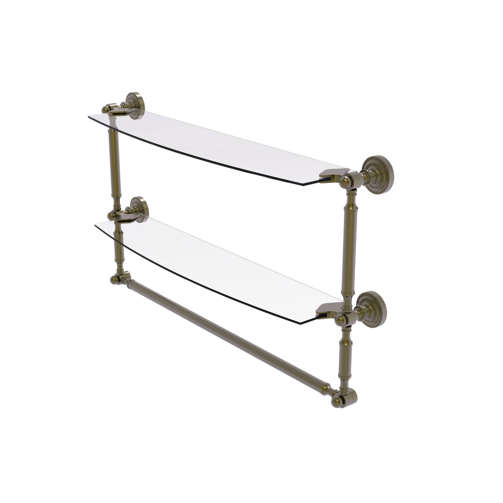 Two Tiered Glass Shelf with Integrated Towel Bar - Antique Brass - 24 inch V3694