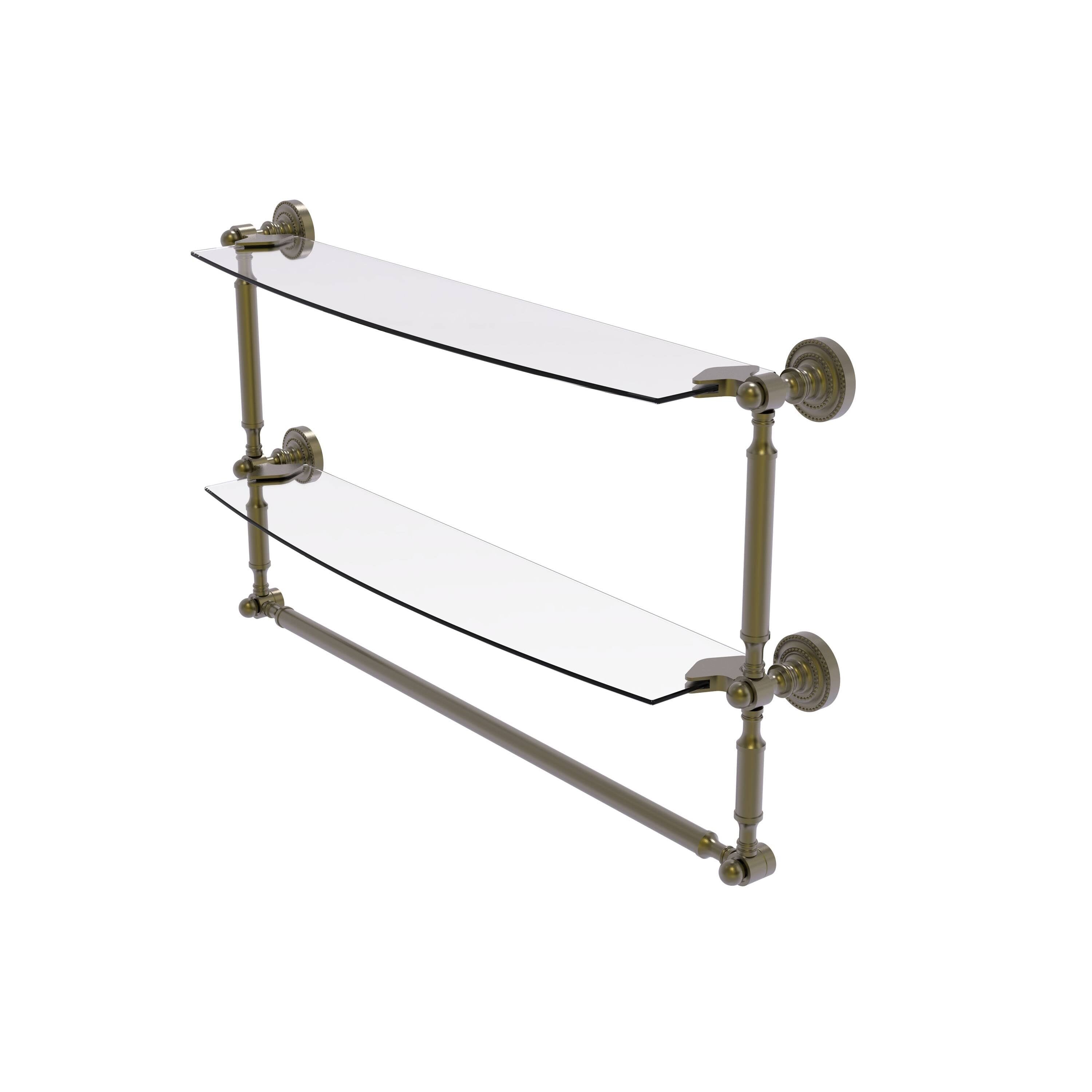 Two Tiered Glass Shelf with Integrated Towel Bar - Antique Brass - 24 inch V3694