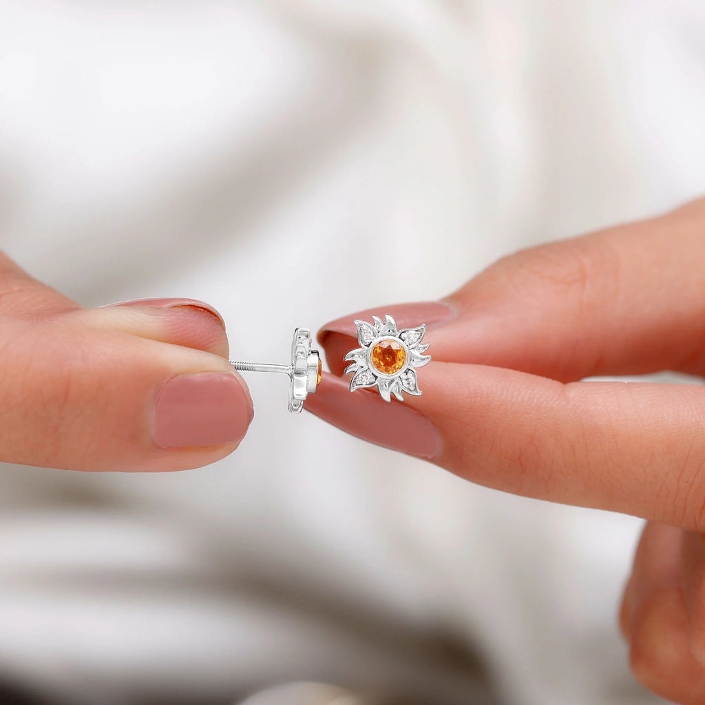 18K White Gold Orange Sapphire Stud Earrings with Diamond Y875