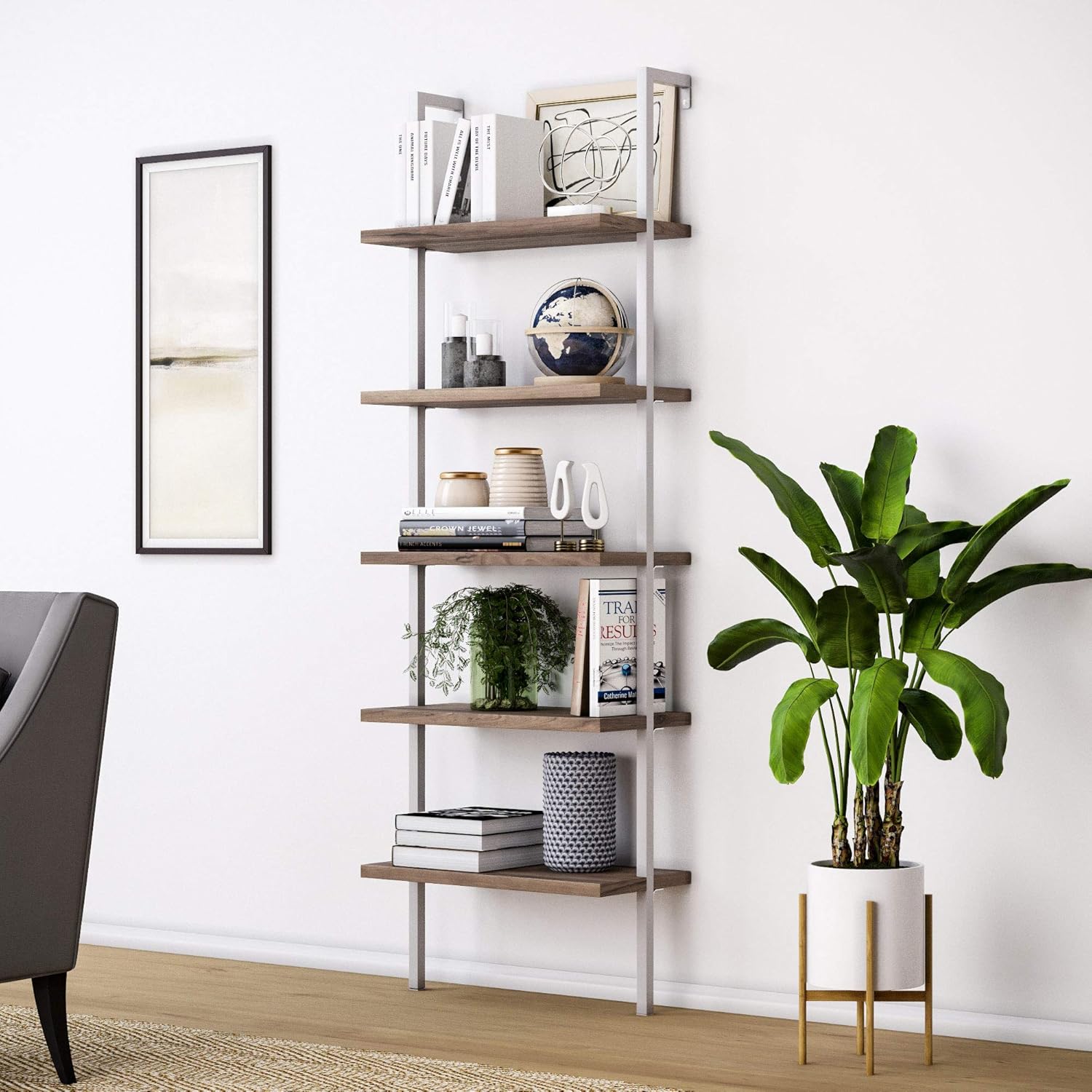 6-Shelf Tall Bookcase with Reclaimed Wood and Industrial Metal Frame, Oak/Black L4564
