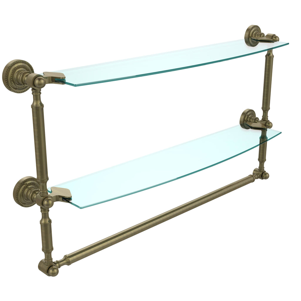Two Tiered Glass Shelf with Integrated Towel Bar - Antique Brass - 24 inch V3694