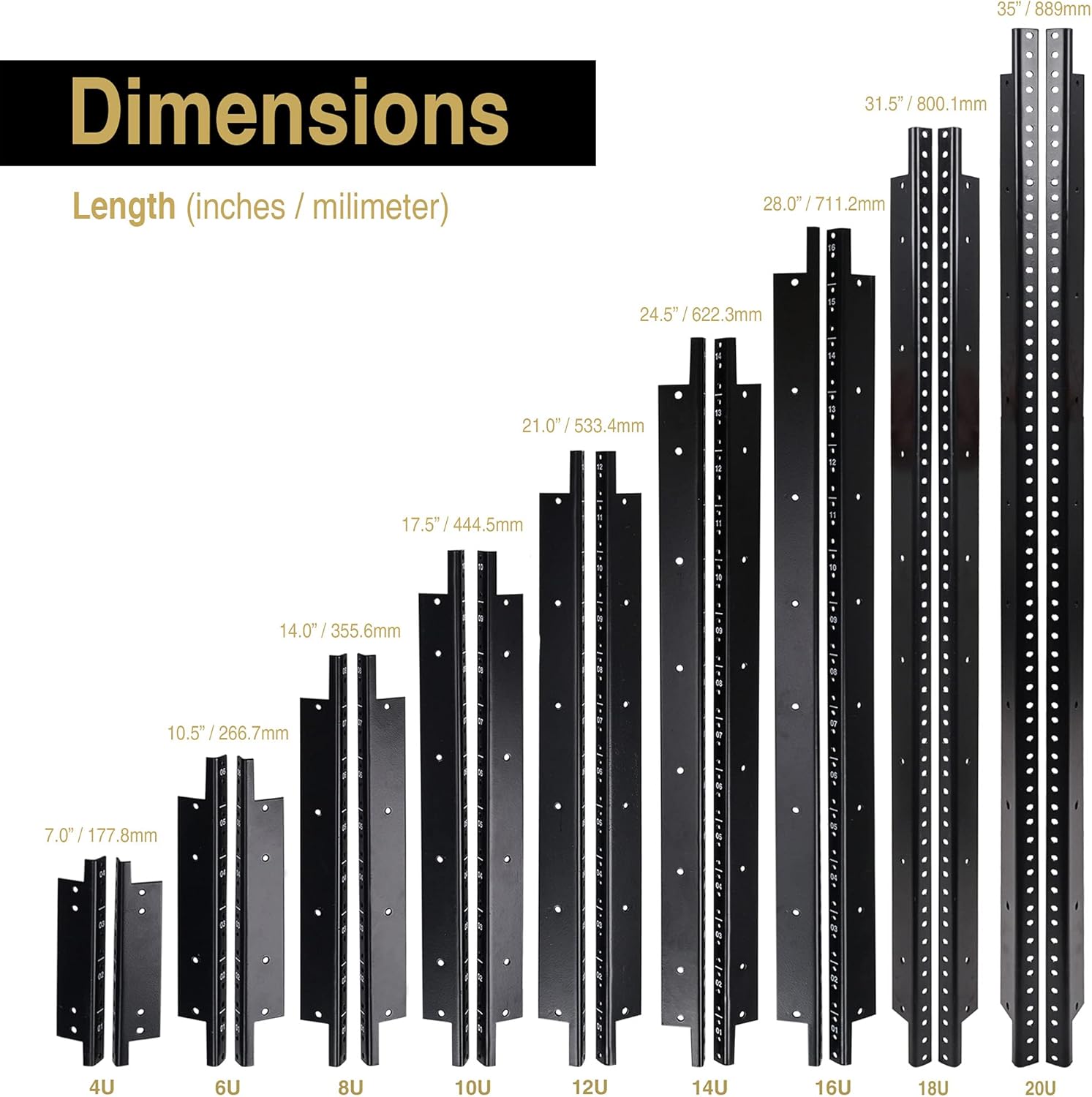 4-pack 12U Steel Rack Rails with Black Powder Coated Finish and Screws C845
