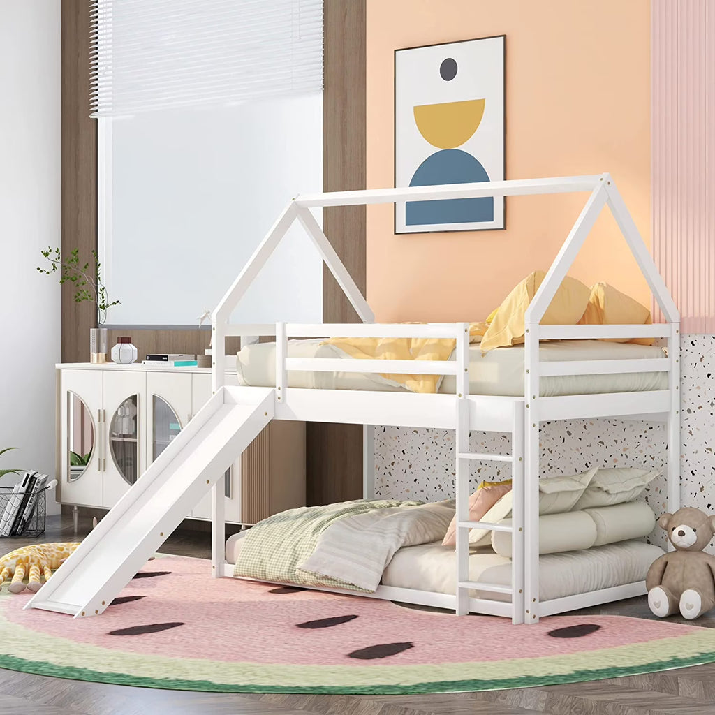 White Wood Buk Bed With Slide P9022