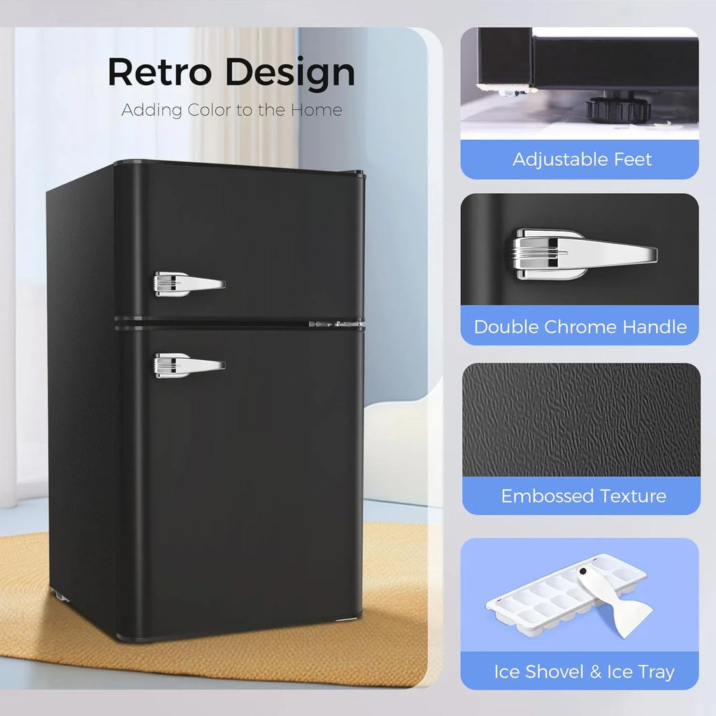 3.2 Cu.Ft Compact Mini Refrigerator With Double Door, Retro Black P4341