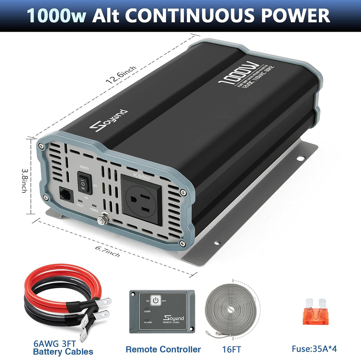 Pure Sine Wave 1000 Watt 12vdc to 120vac Car Inverter with Dual Ac Outlets V8063
