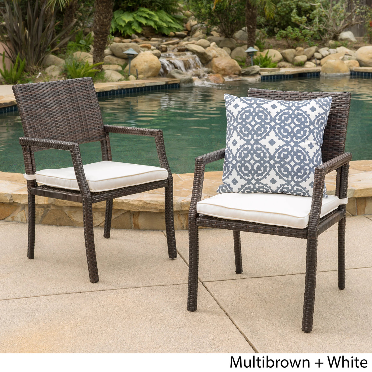 Brown Wicker Dining Chairs with White Water Resistant Cushions (Set of 2) P54916